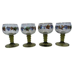 German Roemer Wine Glasses Green Stemmed Grapes Vines Leaves Set Of 4 Vintage